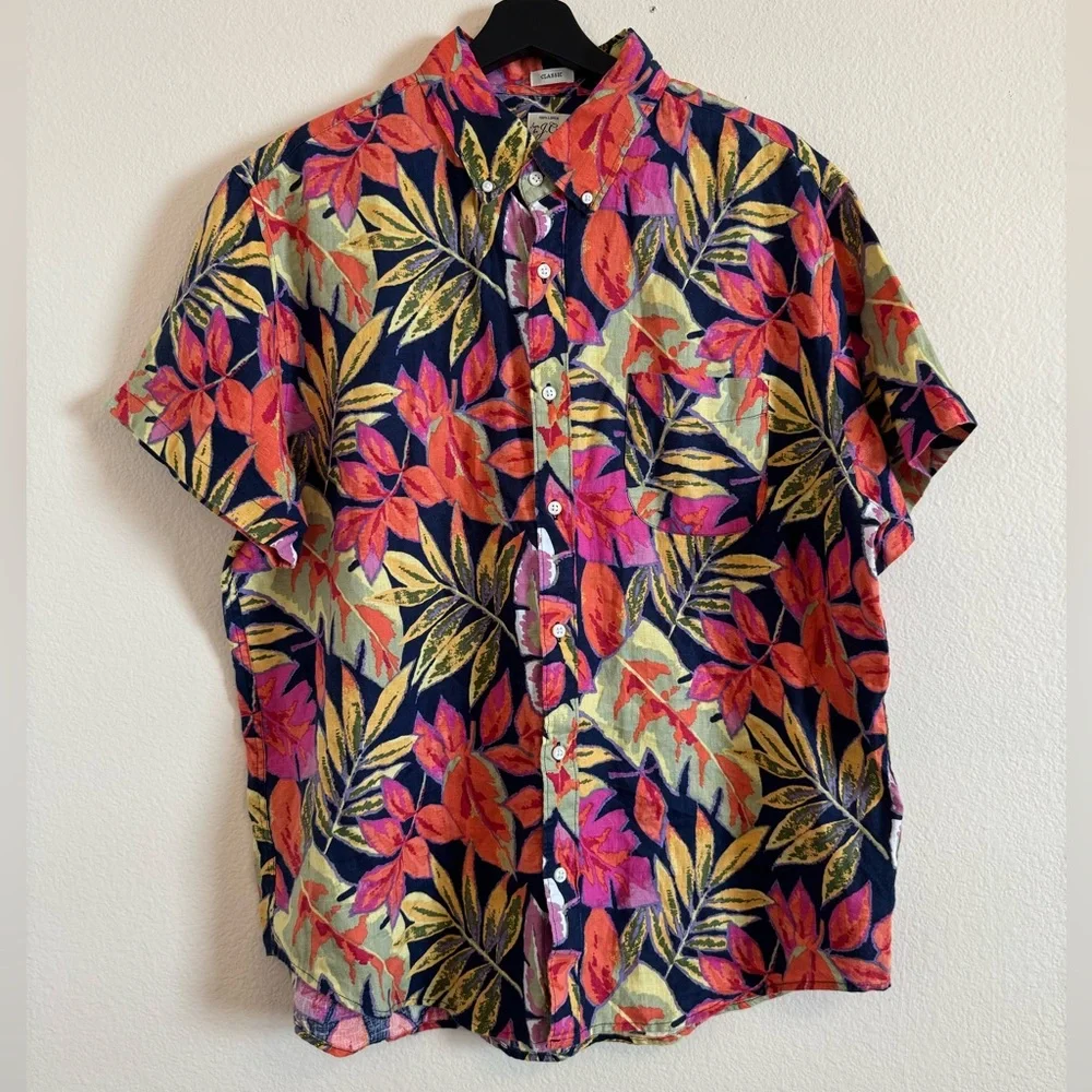 J.crew Classic Short-sleeve 100% linen shirt in tropical print Hawaii beach